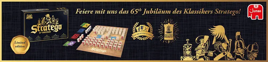 „Stratego 65 Jahre Jubiläumsedition – Banner mit nostalgischem Design und ikonischen Spielfiguren. Entdecke die Sonderausgabe des klassischen Strategiespiels bei Hobbyshop-Mona, deinem Onlineshop für Gesellschaftsspiele und Spielklassiker.“