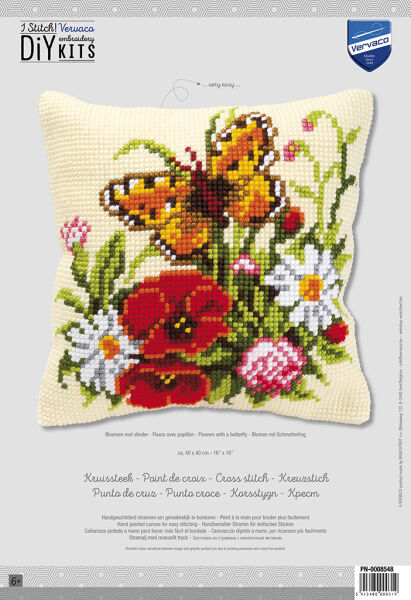 Vervaco PN-0008548 Kreuzstichkissen Blumen und Schmetterling