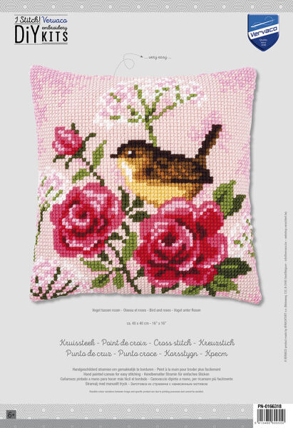 Kreuzstichkissen Vogel auf Rosen