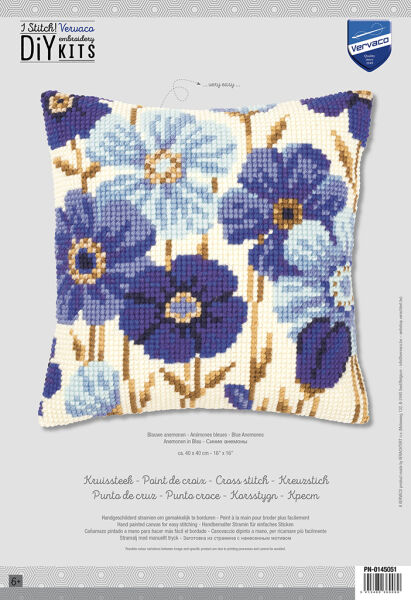 Kreuzstich-Kissen-Set Anemonen in Blau - Stickbild vorgezeichnet