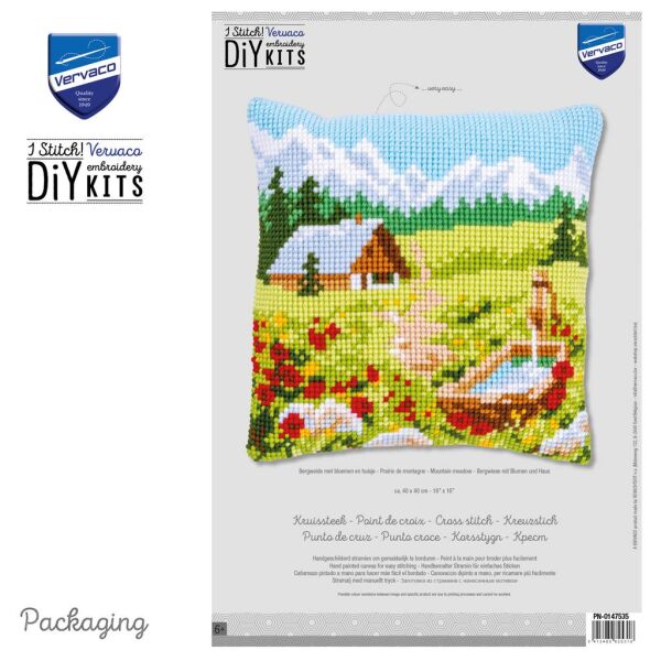 Kreuzstich-Kissen-Set Bergwiese mit Blumen - Stickbild vorgezeichnet